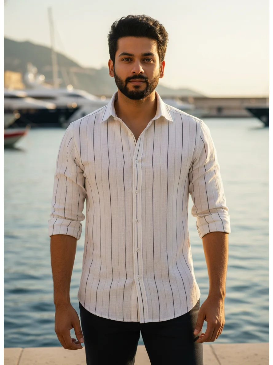 Linen Blend Striped Regular Fit Shirt in White & Blue
