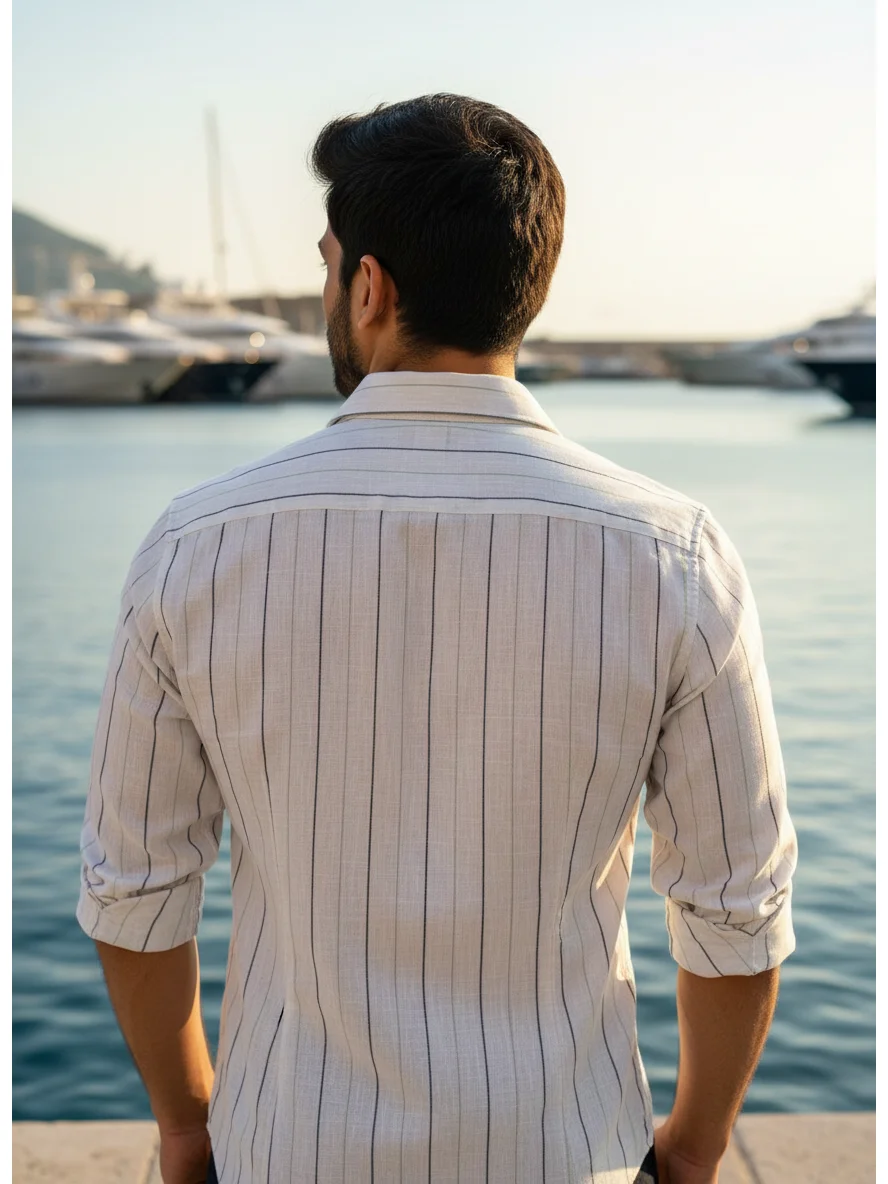 White shirt with blue stripes, back view, collar, rolled sleeves