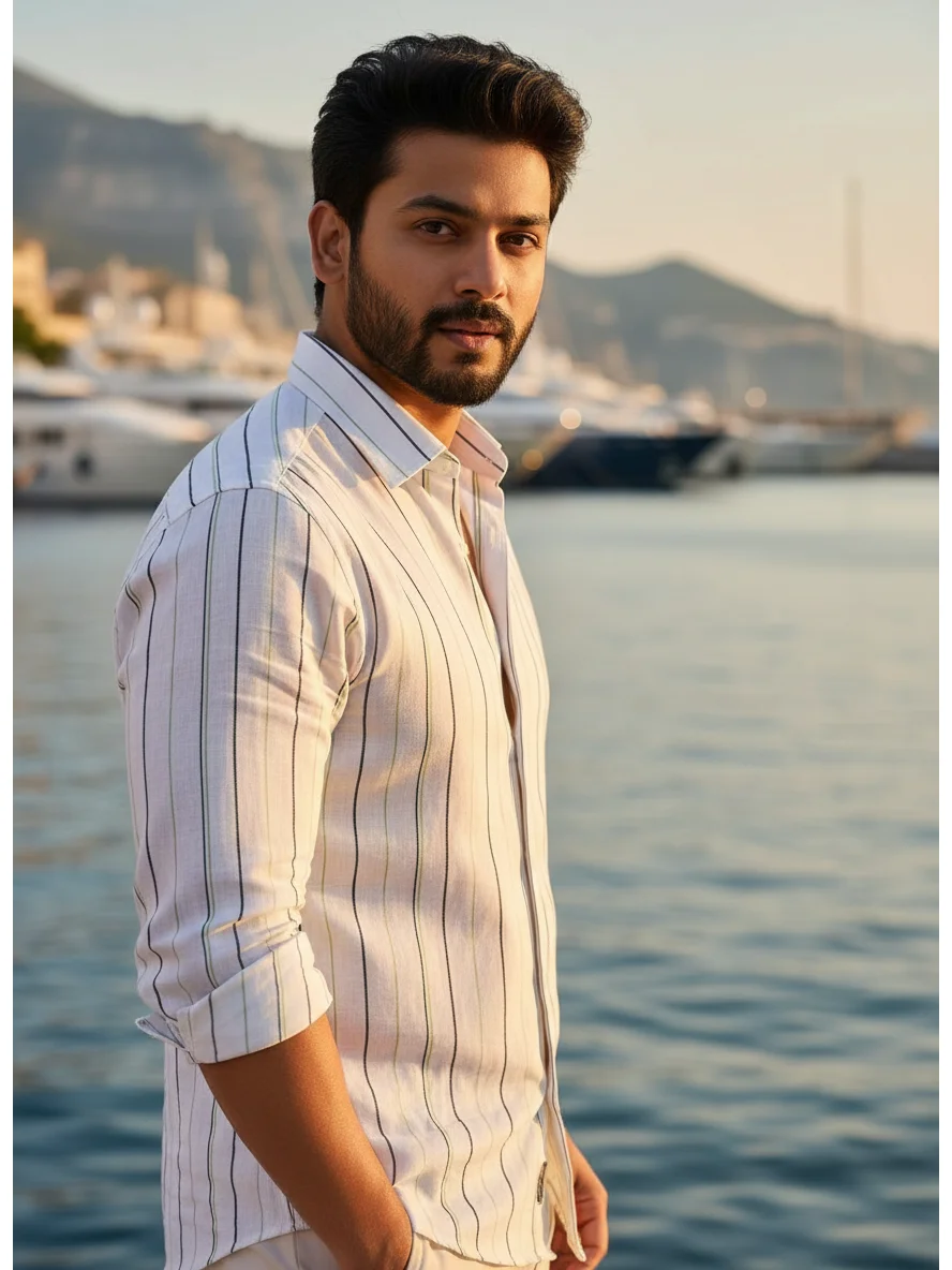 White and blue striped shirt, worn by a model, sleeves rolled up, collar visible