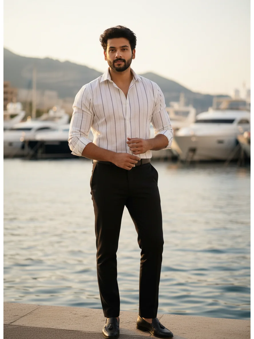 White and blue striped shirt, worn by a model, front view, rolled sleeves, collar open
